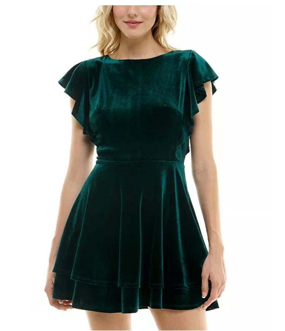 NEW! Midnight Doll Velvet Green Flutter Sleeve Fit & Flare Mini Dress Size S